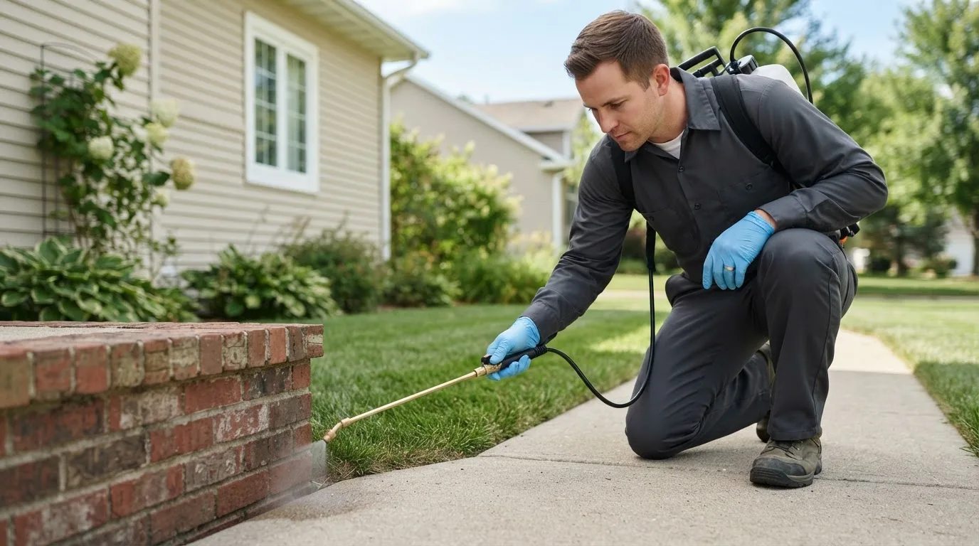 Pest control technician treating a home near Hillsville, PA