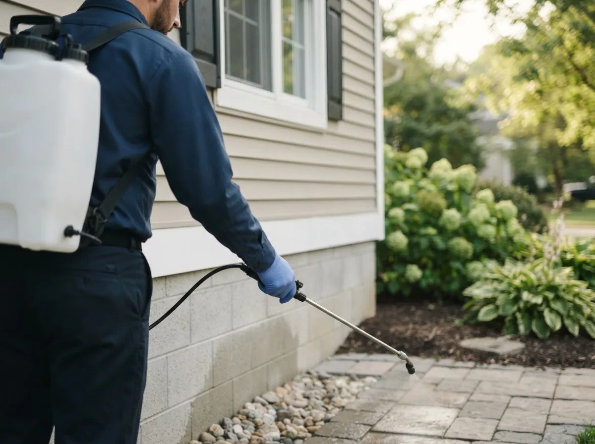 Pest control technician inspecting a home in Hillsville, PA